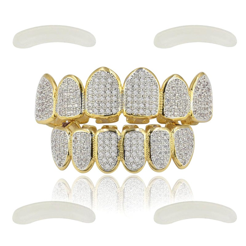 JINAO Gold Diamond Grill for Your Teeth 18k Gold Plated All Iced Out Luxury Cubic Zirconia Mouth Teeth Grillz Set with Extra Molding Bars Included for Men Women(Classic Set) - Image 1